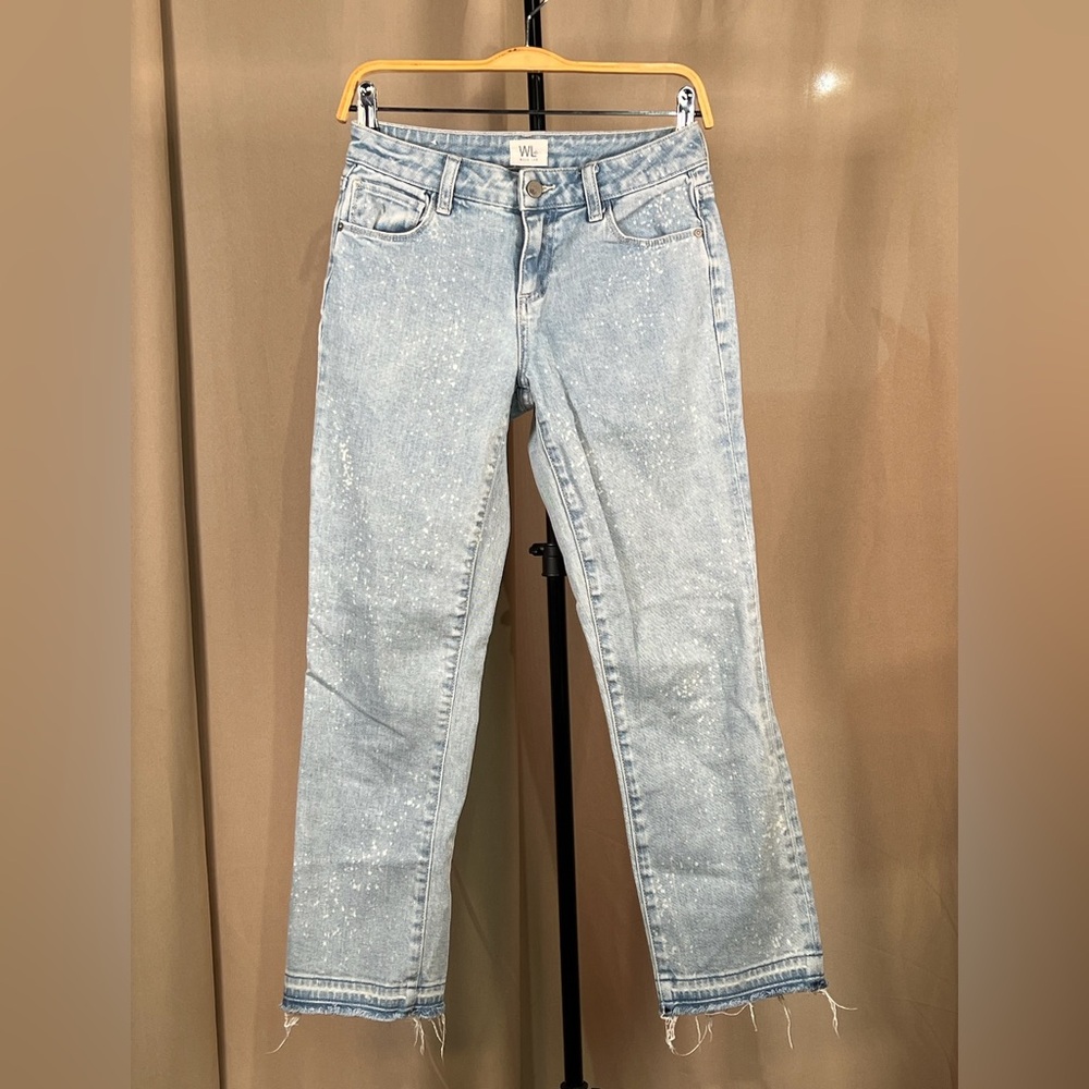 Washlab Denim Vintage Wash Style Blue Straight Leg Jeans with Bleach Speckle det